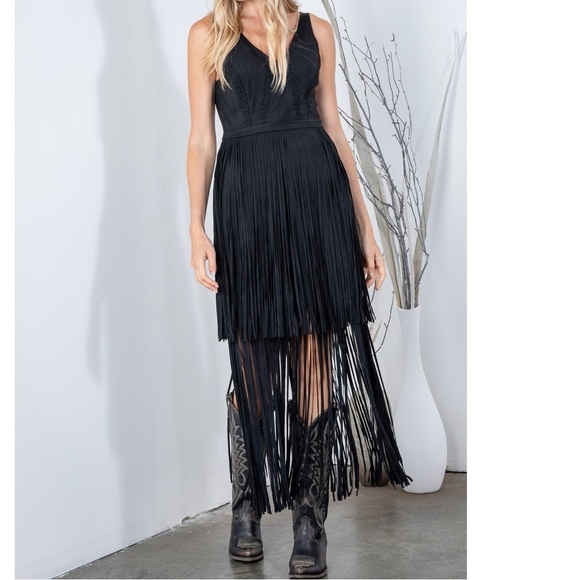 Amazing Western Boho Fringe Corset Black Dress Casual Formal Wedding Guest S M L - Picture 2 of 7